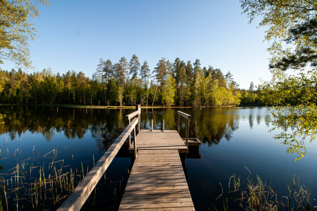 Kesäinen järvimaisena, jossa on puinen laituri.