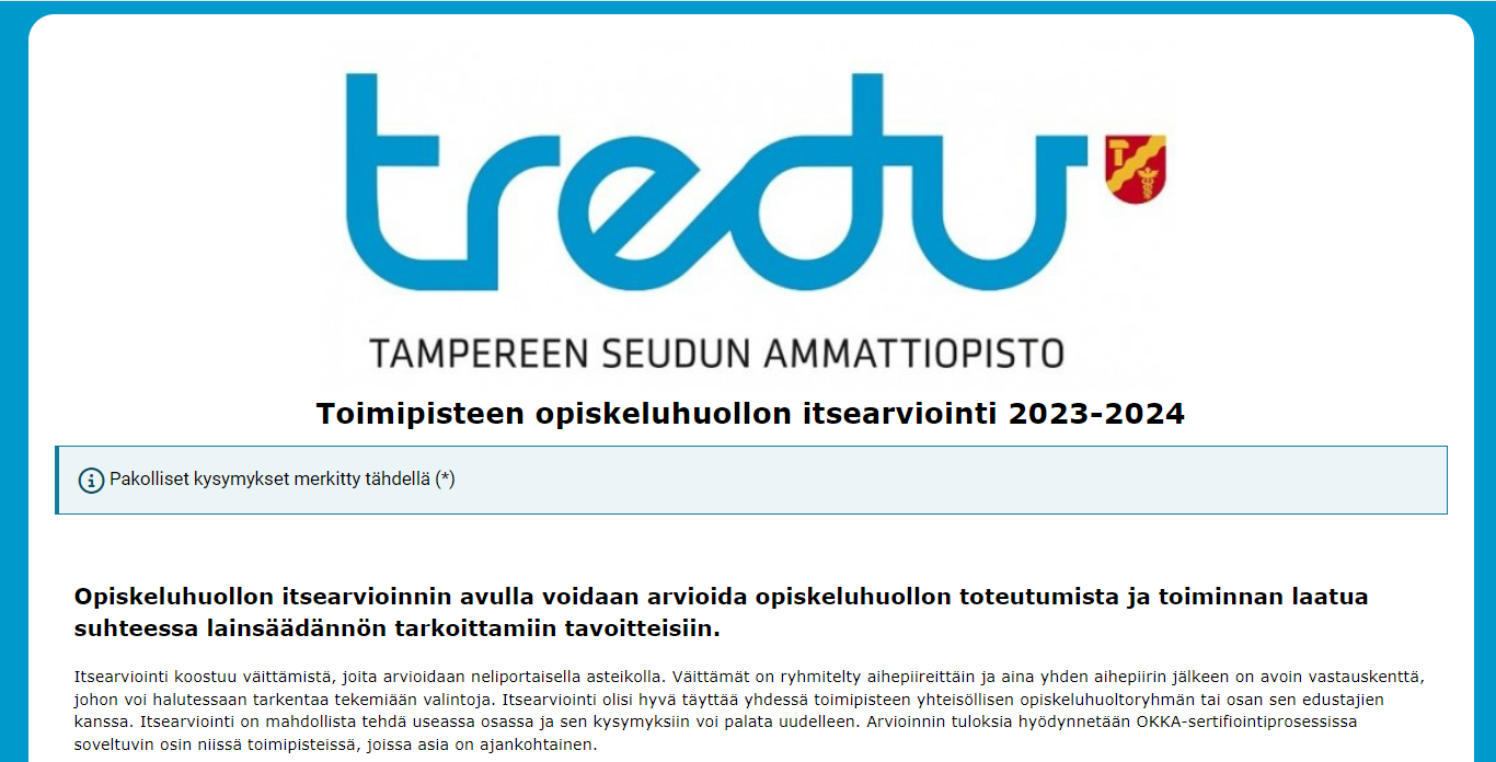 Opiskeluhuollon itsearviointikyselyn aloitusnäkymä.