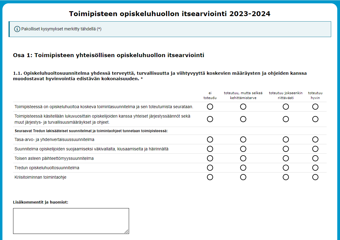 Opiskeluhuollon itsearviointikyselyn ensimmäiset väittämät.