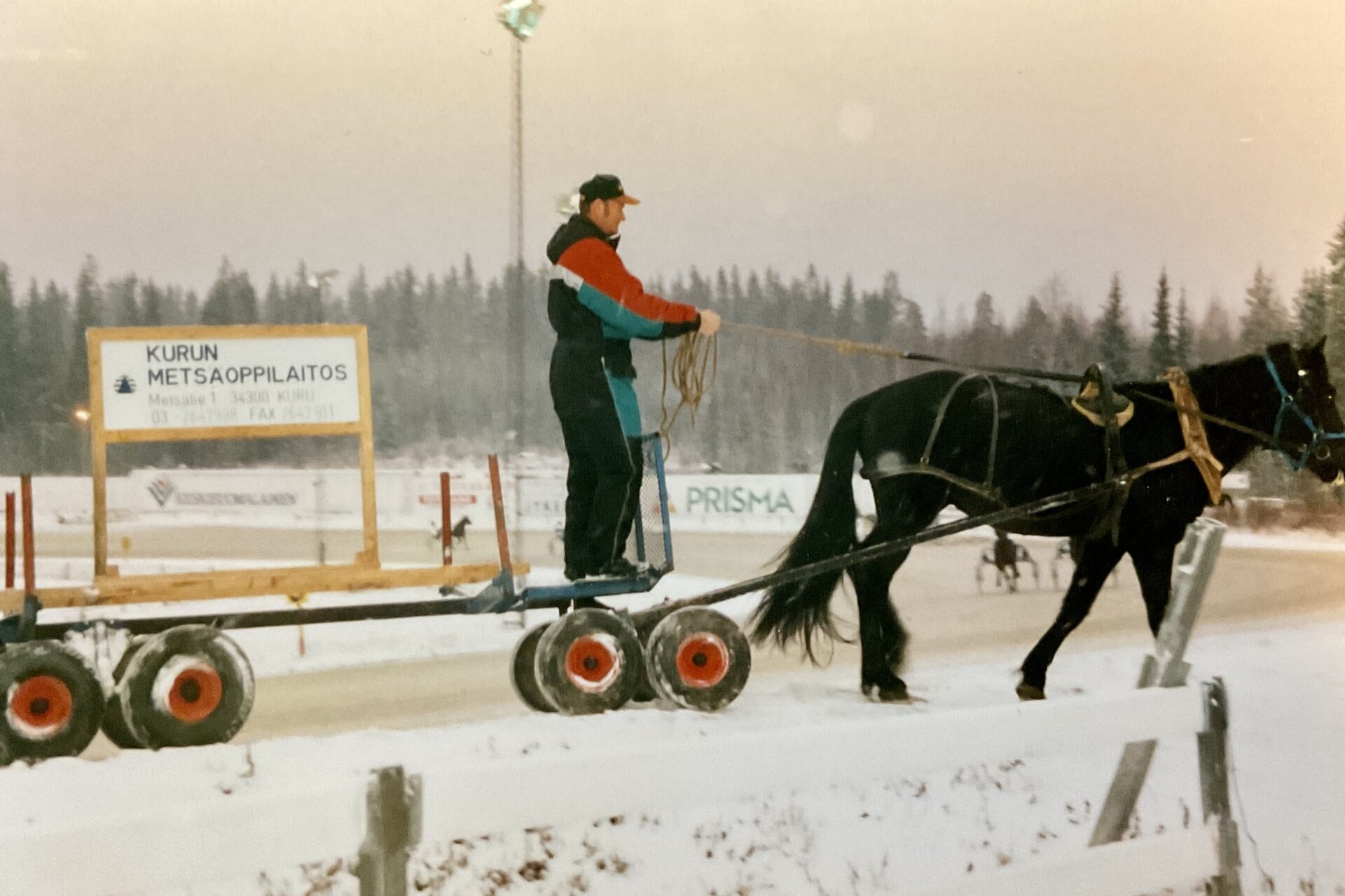 Mies ohjaamassa hevosta joka vetää pyörillä olevaa lavaa