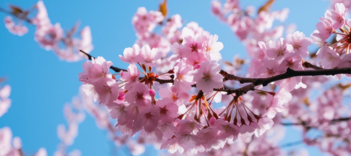 Kirsikkapuun kukkia sinistä taivasta vasten