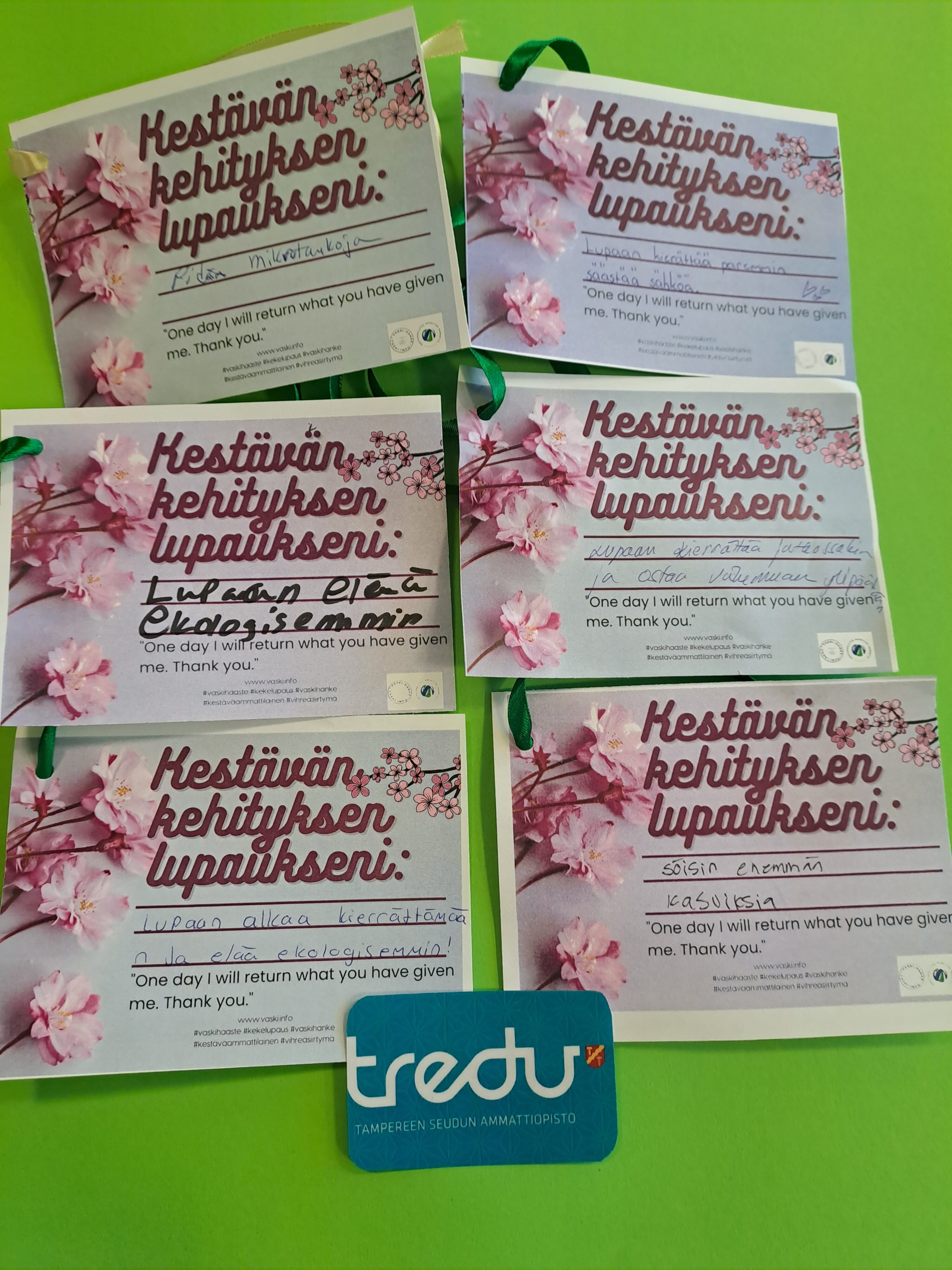 Kuusi täytettyä vastuullisuuslupaus-lappua