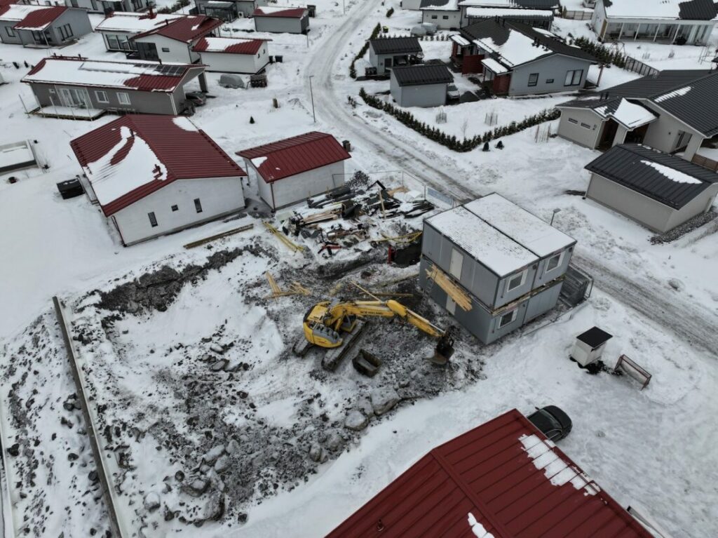 Tredun rakennustyömaa kuvattuna dronesta.