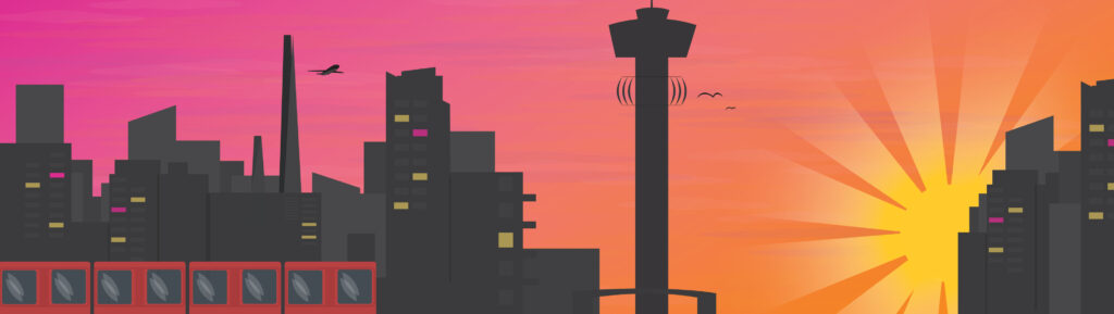 Punertavalla taustalla Tampereen kaupungin siluetti.