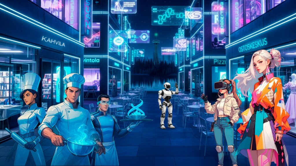 Kuvituskuva: piirroshahmoja tulevaisuuden ostoskadulla.