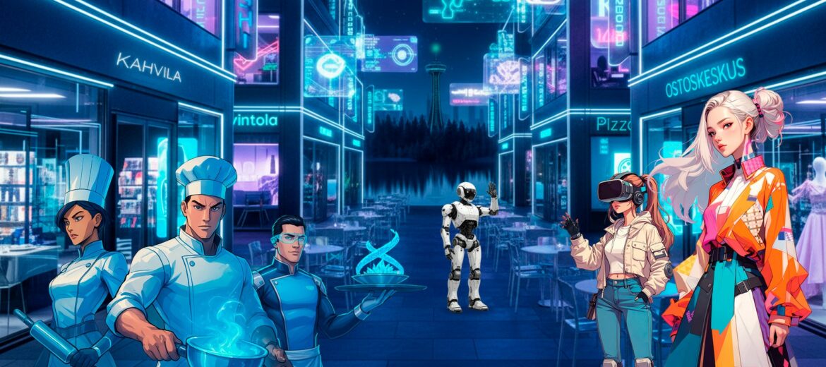 Kuvituskuva: piirroshahmoja tulevaisuuden ostoskadulla.