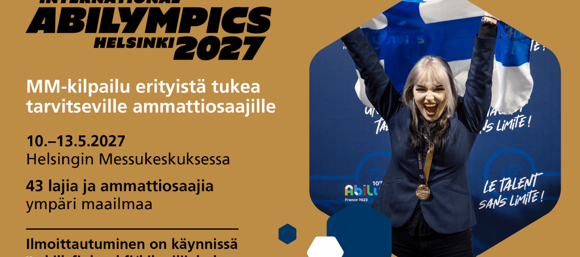 Abilympics-kilpailijahakutietoa tekstinä. Iloinen ihminen ja Suomen lippu