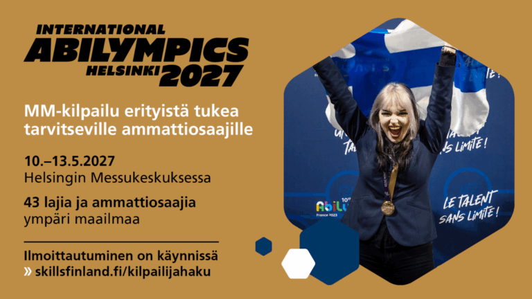 Abilympics-kilpailijahakutietoa tekstinä. Iloinen ihminen ja Suomen lippu