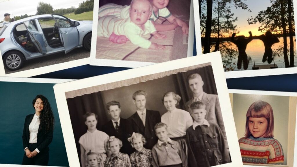 Vanhoja valokuvia eri aikakausilta. Kollaasi ihmisistä.