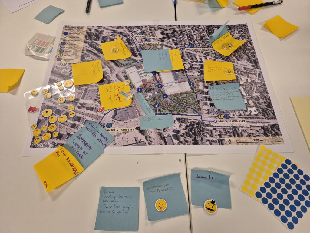 Hakametsä Sport Campuksen ulkoalueiden ideointia post it-lapuilla.