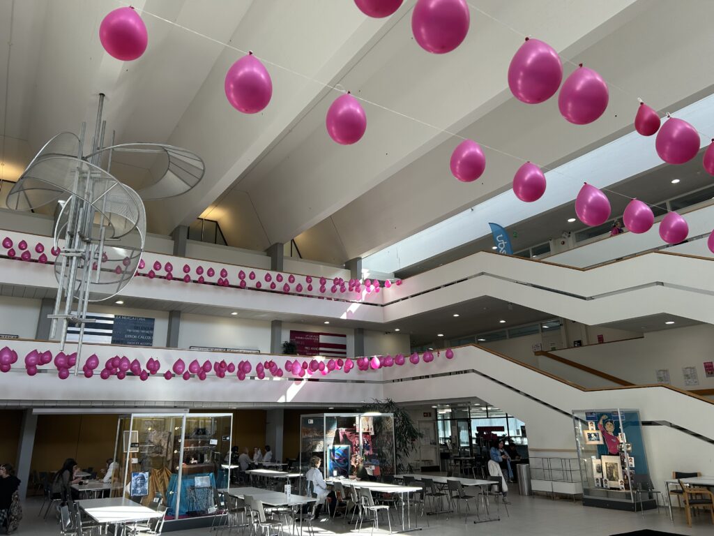 Pinkkejä ilmapalloja Sammonkadun kampuksella.